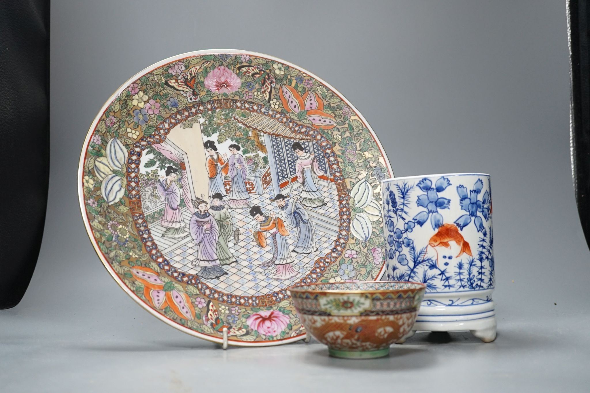 A Chinese brushpot, famille rose dish and a 'dragon' bowl, largest measurement 31cm